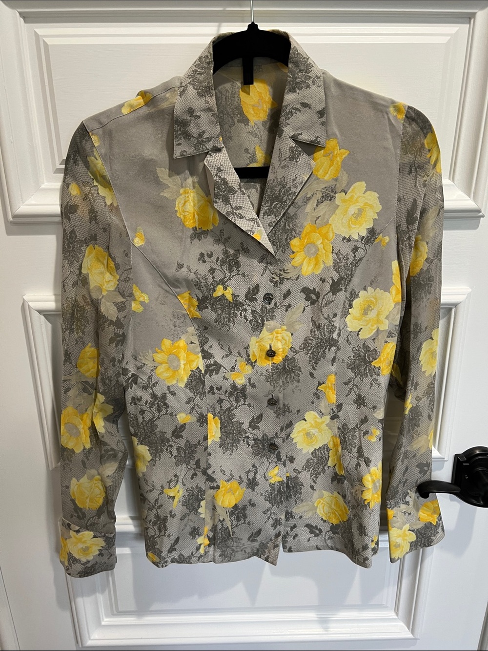 Escada Yellow Floral Button Blouse- Women's Collared Top